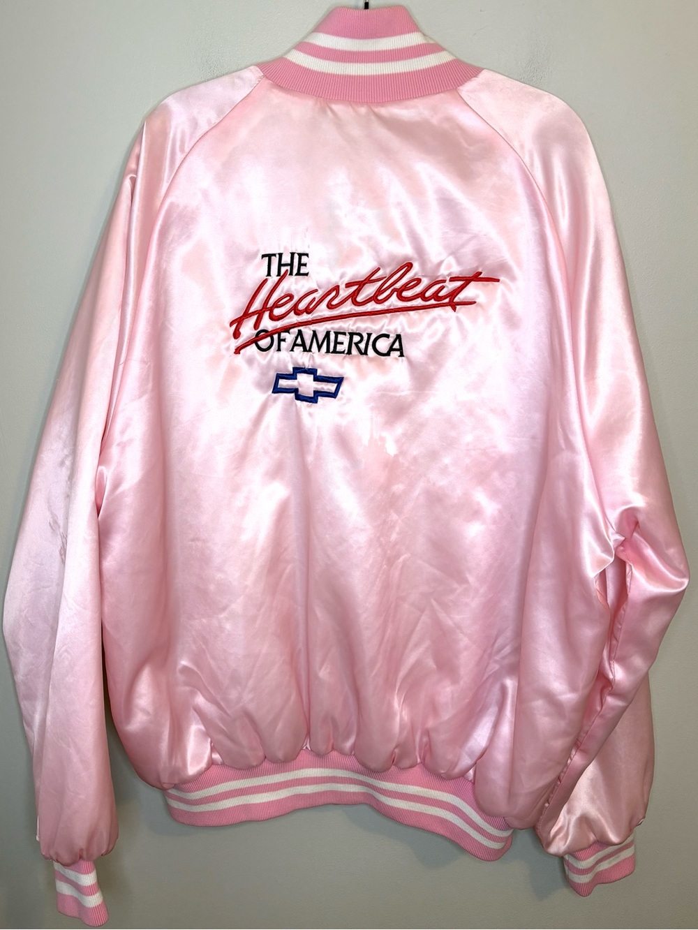 Vintage 80s Chevrolet Heartbeat of America Pink Satin Bomber Jacket 2XL USA